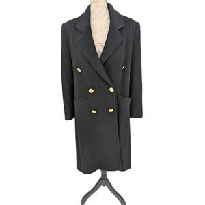 VTG Womens Black Wool Coat LARGE Gold Military Style Buttons Double Breasted